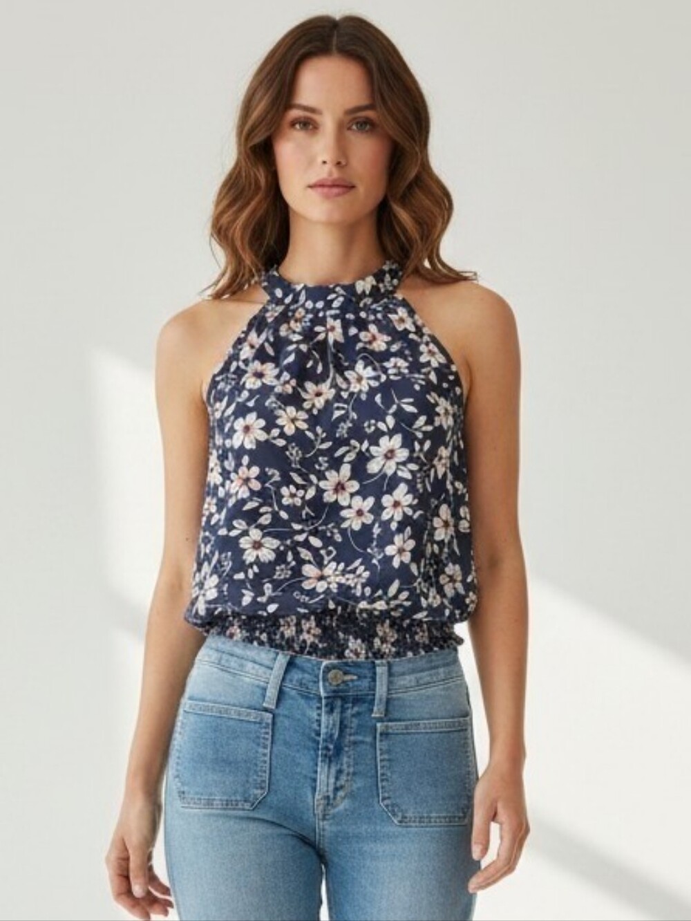 Sienna Sky Floral Halter Blouse Women's Small Navy Blue Smocked Waist